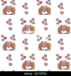 Seamless patterns. Cute Children angels with wings - a boy and a girl with balloons are sitting opposite each other on a white background with a heart Stock Photo