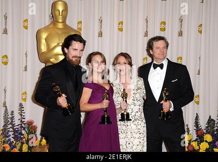 (left to right) Christian Bale, Natalie Portman, Melissa Leo and Colin Firth with their Best Actor awards, at the 83rd Annual Academy Awards, held at the Kodak Theatre in Los Angeles, CA, USA on February 27, 2011. Photo by Lionel Hahn/ABACAUSA.COM Stock Photo