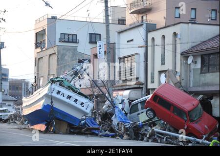 Views of the damaged city of Miyako, Prefecture of Iwate in Japan on March 13, 2011 after the biggest earthquake on Japan's history followed by a tsunami. Photo by Thierry Orban/ABACAPRESS.COM Stock Photo