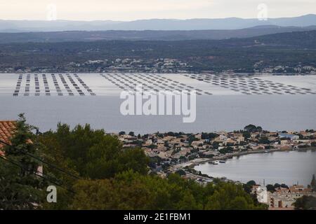 Sete, France.19th Aug,2019. View of The Thau lagoon with shellfish farming in Sete in France. Stock Photo