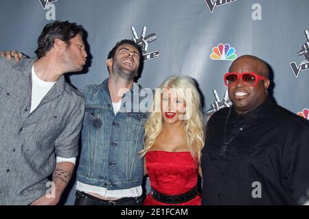 Blake Shelton, Adam Levine, Christina Aguilera, Cee Lo Green, The Voice, Press Junket at LA Center Studios, Los Angeles, California. March 15, 2011. (Pictured: Blake Shelton, Adam Levine, Christina Aguilera, Cee Lo Green). Photo by Baxter/ABACAPRESS.COM Stock Photo