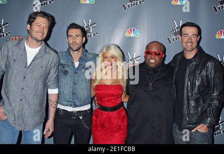 Blake Shelton, Adam Levine, Christina Aguilera, Cee Lo Green, Carson Daly, The Voice, Press Junket at LA Center Studios, Los Angeles, California. March 15, 2011. (Pictured: Blake Shelton, Adam Levine, Christina Aguilera, Cee Lo Green, Carson Daly). Photo by Baxter/ABACAPRESS.COM Stock Photo