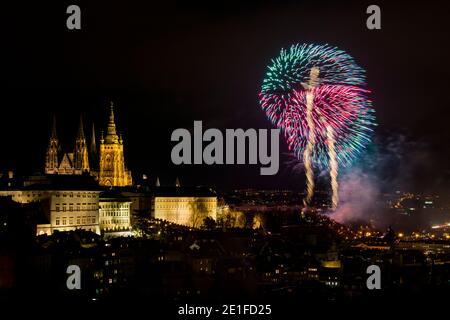 Prague Castle with firework display during New Year celebration at night, Prague, Czech Republic Stock Photo