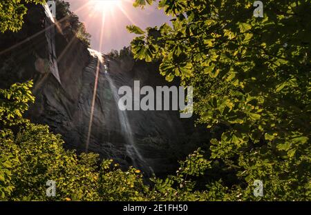 The 404 foot Hickory Nut Falls in Chimney Rock, North Carolina. Stock Photo
