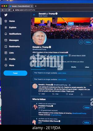 USA. 06th Jan, 2021. A computer monitor displays President Donald J. Trump's Twitter page with two tweets that have been completely removed on Jan. 6, 2021. The twitter account has been suspended for the next twelve hours after protestors entered the Capitol building during a joint session of Congress in Washington, DC. The joint session of the House and Senate was convened to confirm the Electoral College votes cast in November's election. ( Credit: Sipa USA/Alamy Live News Stock Photo