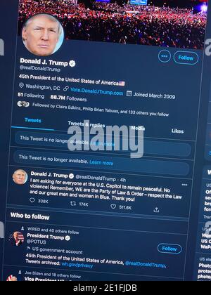USA. 06th Jan, 2021. A computer monitor displays President Donald J. Trump's Twitter page with two tweets that have been completely removed on Jan. 6, 2021. The twitter account has been suspended for the next twelve hours after protestors entered the Capitol building during a joint session of Congress in Washington, DC. The joint session of the House and Senate was convened to confirm the Electoral College votes cast in November's election. ( Credit: Sipa USA/Alamy Live News Stock Photo