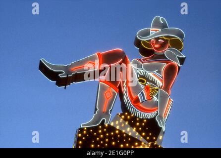 Iconic neon cowgirl at Glitter Gulch on Fremont Street in Las Vegas, Nevada