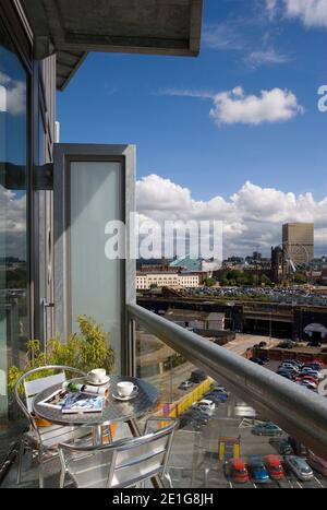 Apartment balcony overlooking Manchester's city centre Stock Photo