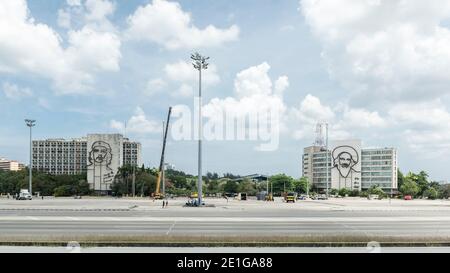 Che Guevara and Camilo Cienfuegos memorials on government buildings on Revolution Plaza, Havana, Cuba. Stock Photo