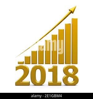 Gold business graph with gold arrow up represents the growth in 2018 year, three-dimensional rendering, 3D illustration Stock Photo