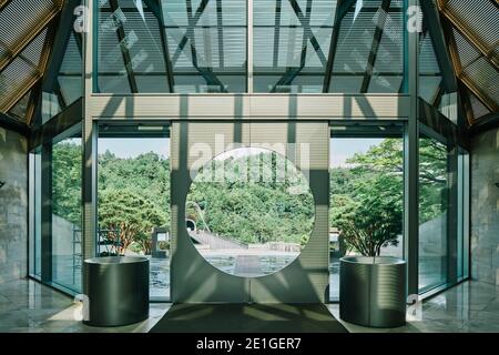 Interior of glass entrance atrium of Miho Museum designed by architect IM  Pei in Shigaraki, Japan Stock Photo - Alamy