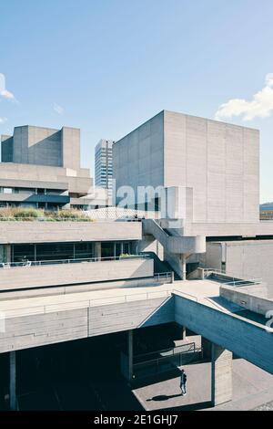 Exterior view of The Royal National Theatre on London's South Bank, a Brutalist concrete building with layered horizontal terraces, London, England, UK. Stock Photo