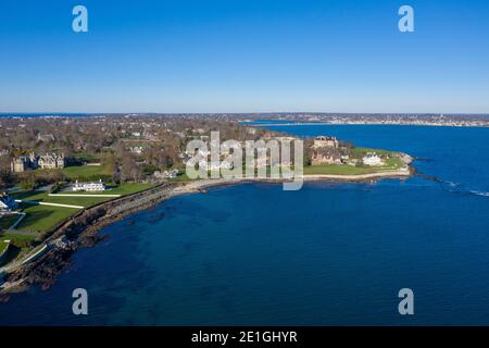 Newport, Rhode Island - Nov 29, 2020: Aerial view of the rocky coast and cliffwalk of Newport, Rhode Island. Stock Photo