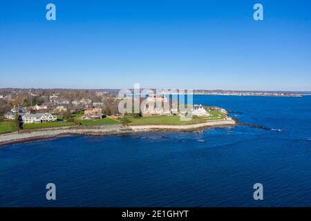 Newport, Rhode Island - Nov 29, 2020: Aerial view of the rocky coast and cliffwalk of Newport, Rhode Island. Stock Photo