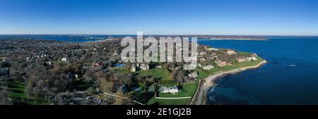 Newport, Rhode Island - Nov 29, 2020: Aerial view of the rocky coast and cliffwalk of Newport, Rhode Island. Stock Photo