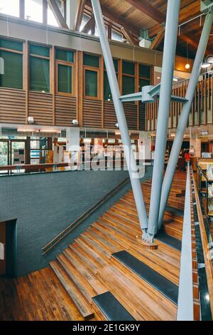 Interior of the public library in Beitou, Taipei, Taiwan's first green library, one of the most energy efficient and environmentally friendly buildings of East Asia. Stock Photo