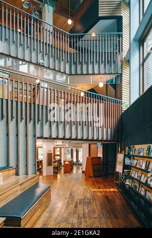 Interior of the public library in Beitou, Taipei, Taiwan's first green library, one of the most energy efficient and environmentally friendly buildings of East Asia. Stock Photo