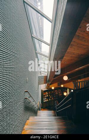 Interior of the public library in Beitou, Taipei, Taiwan's first green library, one of the most energy efficient and environmentally friendly buildings of East Asia. Stock Photo