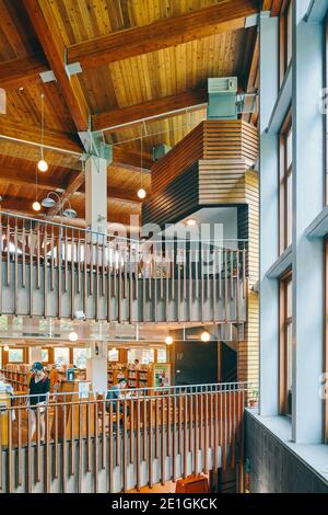 Interior of the public library in Beitou, Taipei, Taiwan's first green library, one of the most energy efficient and environmentally friendly buildings of East Asia. Stock Photo