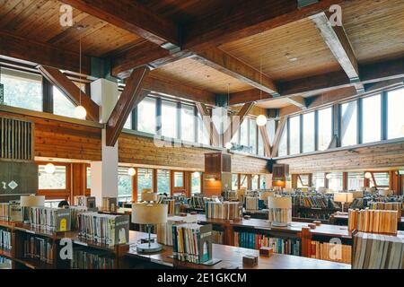 Interior of the public library in Beitou, Taipei, Taiwan's first green library, one of the most energy efficient and environmentally friendly buildings of East Asia. Stock Photo