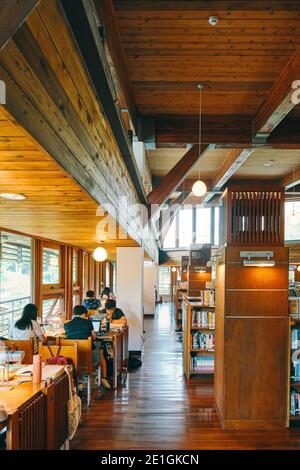 Interior of the public library in Beitou, Taipei, Taiwan's first green library, one of the most energy efficient and environmentally friendly buildings of East Asia. Stock Photo