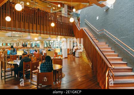 Interior of the public library in Beitou, Taipei, Taiwan's first green library, one of the most energy efficient and environmentally friendly buildings of East Asia. Stock Photo