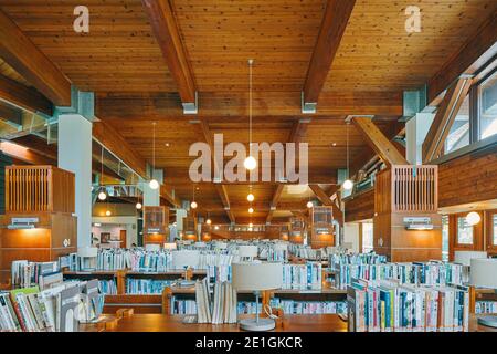 Interior of the public library in Beitou, Taipei, Taiwan's first green library, one of the most energy efficient and environmentally friendly buildings of East Asia. Stock Photo