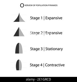 Population and Demography, Illustration Set of 5 Types of Population Pyramids Chart or Age Structure Graph Isolated on White Background. Stock Photo