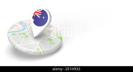 A 3D rendered country map locator pointing on a destination on a flat rounded small map. The symbol has the Australian flag. The illustration