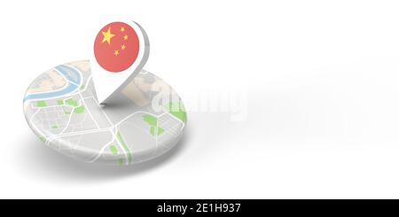 A 3D rendered country map locator pointing on a destination on a flat rounded small map. The symbol has the Chinese flag. The illustration is isolated Stock Photo