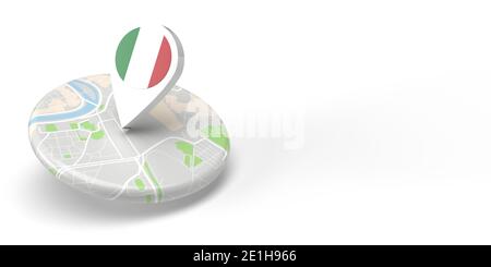 A 3D rendered country map locator pointing on a destination on a flat rounded small map. The symbol has the Italian flag. The illustration is isolated