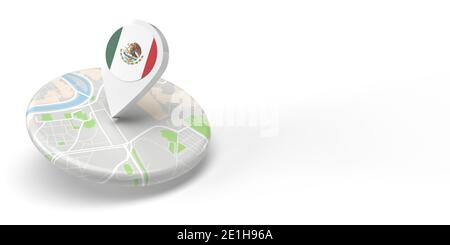 A 3D rendered country map locator pointing on a destination on a flat rounded small map. The symbol has the Mexican flag. The illustration is isolated Stock Photo