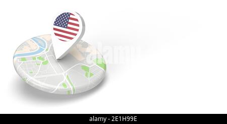 A 3D rendered country map locator pointing on a destination on a flat rounded small map. The symbol carries the USA flag. The illustration is isolated Stock Photo