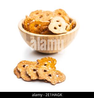 Salted mini flat pretzels isolated on white background. Stock Photo