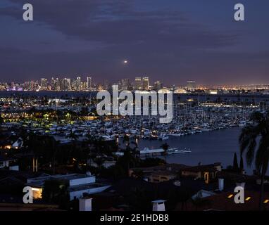 Downtown San Diego city lights skyline and bay at night from Point Loma Stock Photo