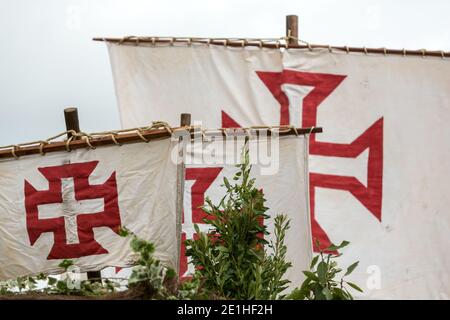 Cross of the Order of Christ on the sails of ships during the Madeira Wine Festival in Funchal. Portugal Stock Photo