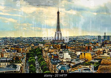 Aerial view of the Paris skyline with the Eiffel Tower. Watercolor style illustration. Stock Photo