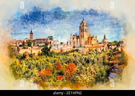 Segovia, Spain. View over the town with its cathedral and medieval walls. Color pencil sketch illustration. Stock Photo