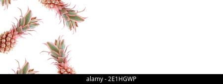 Header with pink pineapples frame with place for text on a white background. Trendy summertime composition. Stock Photo