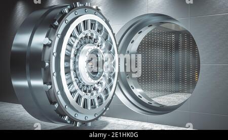 thick security door of bank vault, safety deposit boxes inside. 3d render. Stock Photo