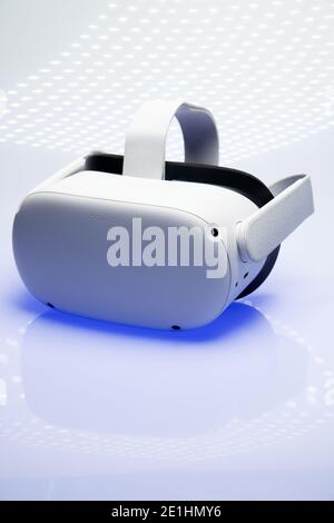 White new generation VR headset isolated on white background. Oculus Quest 2 virtual reality headset Stock Photo