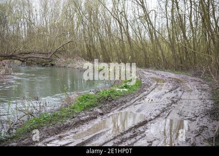 Extremely muddy trail with messy tire tracks after rainfall next to River Cole in Whelford, England Stock Photo