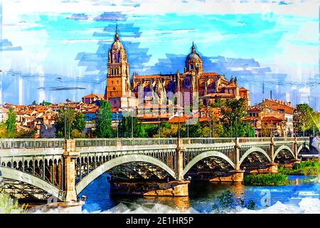 Salamanca Cathedral and Estevan bridge over Tormes river. Salamanca / Castile and Leon, Spain  Color sketch illustration. Stock Photo