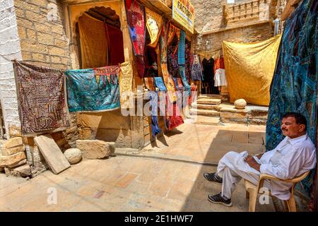 Rajasthani traditional patchwork carpets for sale. Photo taken on 12th of august 2019 in Jaisalmer, India. Stock Photo