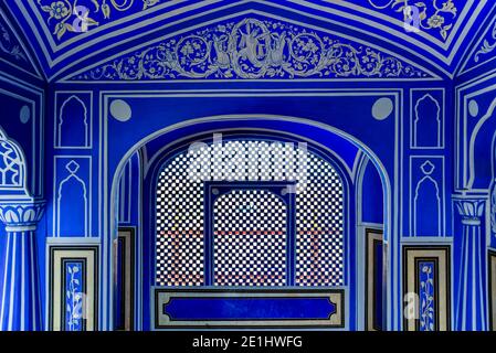 Shri Niwas or the Blue Hall decorated window, situated on the 6th floor of Chandra Mahal Palace, the residence of the former royal family of Jaipur, R Stock Photo