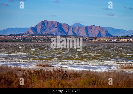 Waves and windy weather on the Salinas at La Mata, Torrevieja, Costa Blanca, Spain, Valencia Province Stock Photo