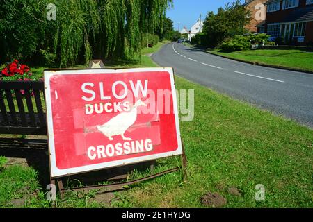 duck crossing warning sign in the village of muston yorkshire united kingdom Stock Photo