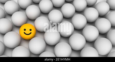 Teamwork and leadership concept: Only one 3D rendered yellow smiling round face within many grayish white balls. The positive mood of the icon Stock Photo