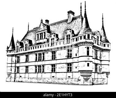Graphical Castle Azay le Rideau (Chateau of Azay le Rideau) on white background, Indre et Loire, Loire Valley, France. Pencil drawing style. Stock Photo