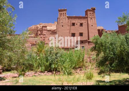 Aït Benhaddou, a historic ighrem or ksar (fortified village) along the former caravan route  between the Sahara and Marrakech in present-day Morocco. Stock Photo